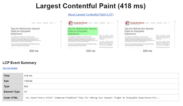 Find Largest Contentful Paint on WebPageTest