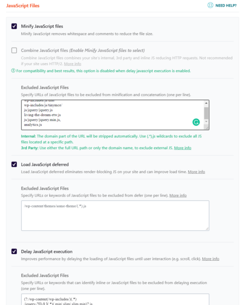 WP Rocket CSS and Javascript Settings